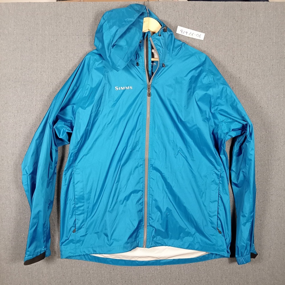 Simms Fishing Products Blue Rain Jacket Mens XL Waterproof Hooded Shell Coat